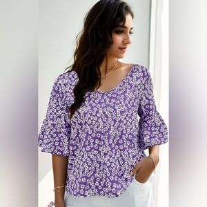 M159 SHEIN Purple Floral V Neck Blouse with Ruffle Sleeves